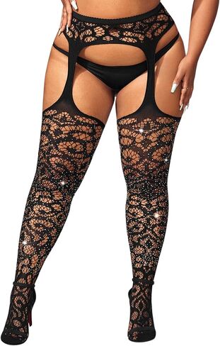 جوارب Ella Lust النسائية المصنوعة من حجر الراين على شكل شبكة صيد السمك - جوارب طويلة لامعة سوداء مثيرة من الدانتيل وفخذ عالي، جوارب طويلة للهالوين in Kuwait