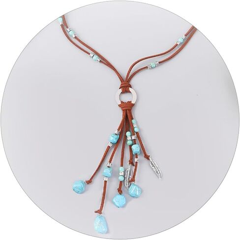Harry and Henry Turquoise Necklace for Women Boho Suede long Necklace with Turquoise Pendant Vintage Y-Shape Jewelry Gifts for Girl in Saudi Arabia