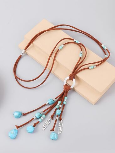 Harry and Henry Turquoise Necklace for Women Boho Suede long Necklace with Turquoise Pendant Vintage Y-Shape Jewelry Gifts for Girl in Saudi Arabia