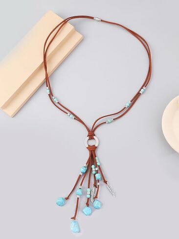 Harry and Henry Turquoise Necklace for Women Boho Suede long Necklace with Turquoise Pendant Vintage Y-Shape Jewelry Gifts for Girl in Saudi Arabia