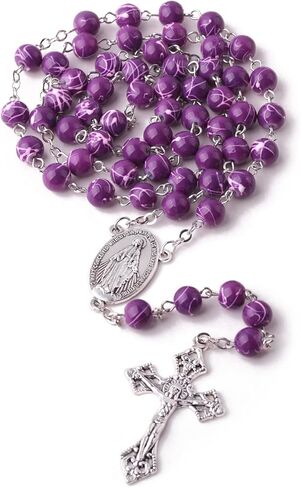 Luomu 8 مللي متر خرز زجاجي بنمط جميل مطبوع سلسلة كاثوليكية عقد خرز مع ميدالية مريم العذراء المعجزة والصليب in Kuwait