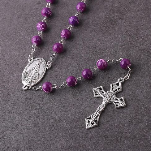 Luomu 8 مللي متر خرز زجاجي بنمط جميل مطبوع سلسلة كاثوليكية عقد خرز مع ميدالية مريم العذراء المعجزة والصليب in Kuwait