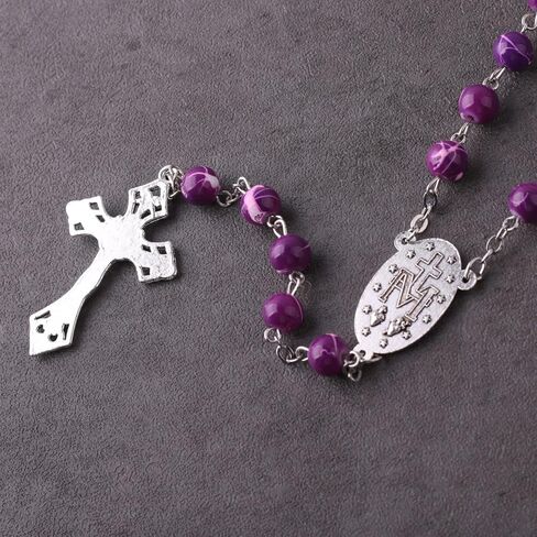 Luomu 8 مللي متر خرز زجاجي بنمط جميل مطبوع سلسلة كاثوليكية عقد خرز مع ميدالية مريم العذراء المعجزة والصليب in Kuwait