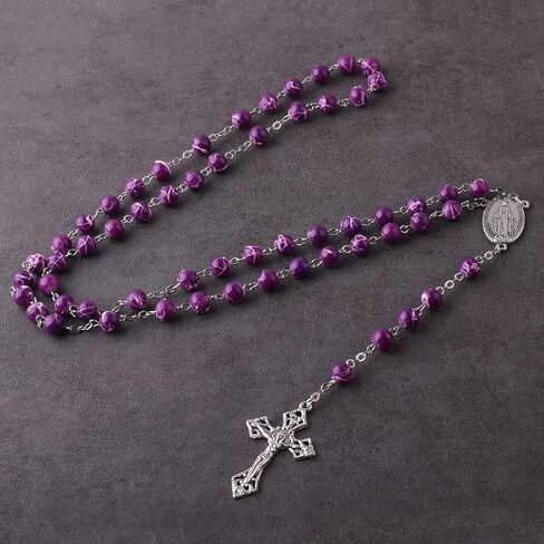 Luomu 8 مللي متر خرز زجاجي بنمط جميل مطبوع سلسلة كاثوليكية عقد خرز مع ميدالية مريم العذراء المعجزة والصليب in Kuwait