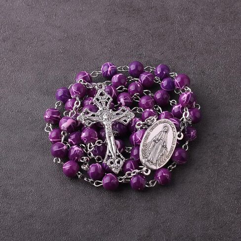 Luomu 8 مللي متر خرز زجاجي بنمط جميل مطبوع سلسلة كاثوليكية عقد خرز مع ميدالية مريم العذراء المعجزة والصليب in Kuwait
