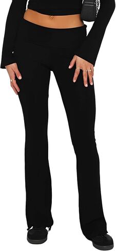 سراويل ضيقة مضيئة، سراويل يوجا منخفضة الارتفاع ذات أرجل واسعة قابلة للطي، سراويل يوجا Y2k ذات جرس سفلي للنساء in Kuwait