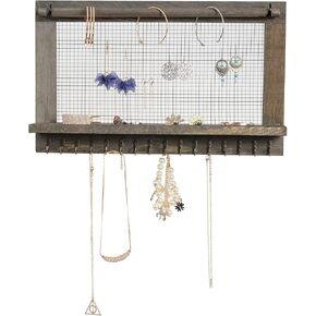 Rustic Wood Jewelry Organizer Wooden Wall Mounted Jewelry Holder with Shelf and 16 Hooks,Display for Earrings, Necklaces, Bracelets (Grey White) in Kuwait