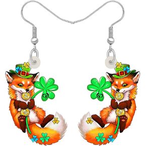 Acrylic St. Patrick's Day Green Hat Fox Earrings Dangle Jewelry Clover Fox Gifts for Women