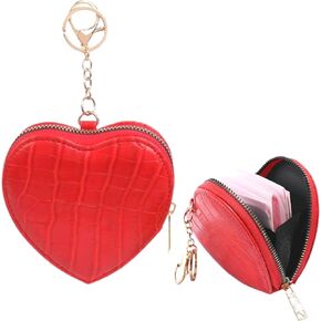 Zipper Pouch Keychain Black Red Heart, Small Pouch with Zipper, Mini Coin Purse, Small Wallet Bag, Luxury PU Leather Keyring (Black)