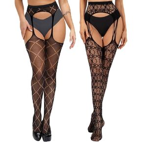 CanB 2 Pairs Sexy Fishnet Stockings High Waist Tights Fishnets Thigh Suspender Pantyhose Stockings for Women and Girls