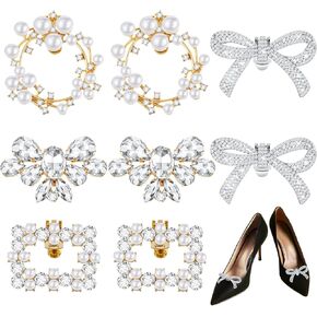 Juexica 4 Pairs Rhinestone Pearl Shoe Clips Crystal Shoe Buckles Bow Square Wing Shoe Clips for Women Charms Decoration