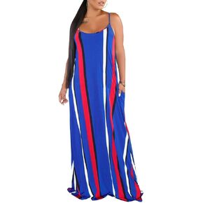 Womens Plus-Size Summer Bohemian Beach Sundress Spaghetti Strap Loose Long Maxi Dresses with Pockets