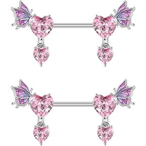 Pink Heart Nipple Rings for Women 14G 16mm Surgical Steel CZ Rhinestone Butterfly Dangling Nipple Shield Studs Body Piercing Jewelry Gifts