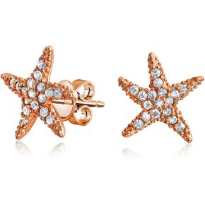 Vacation Beach CZ Nautical Charm Starfish Huggie Hoop Drop Dangle Stud Earrings Pendant For Women Teen Rose Gold Plated .925 Sterling Silver