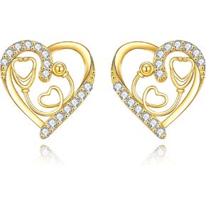 KECHO 14K Solid Gold Nurse Earrings for Women Dangle Cubic Zirconia Heart Stethoscope Nurse Earrings Studs Nurse Leverback Earrings Graduation Birthday Christmas Jewelry Gifts for Doctor Nurse Medical Student