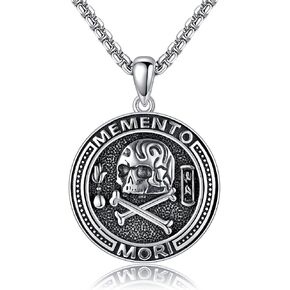 URONE Memento Mori Necklace for Men 925 Sterling Silver Memento Mori Pendant Necklace Skull Stoic Necklace Jewelry Gifts for Women