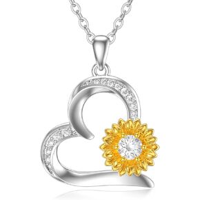 Moissanite Diamond Sunflower/Rose Flower Heart Necklace for Women 18K Gold Plated 925 Sterling Silver Heart Pendant Necklace Sunflower Jewelry for Women Wife Girlfriend, 18+2 Inch