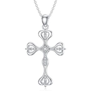 Cross Diamond Necklace Lab Grown Diamond Cross Necklace Sterling Silver Vintage Cross Necklace for Women Religious Cross Pendant Platinum Plated Silver (D Color, VVS Clarity)