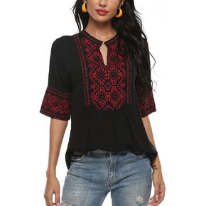 Women's Summer Embroidery Mexican Bohemian Cotton Tops Shirt Tunic Blouses
