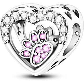 925 Sterling Silver Beads for Bracelets Necklaces, Pink Pet Kitten Cat Dog Puppy Claw Bone Infinite Love Heart Charms Hollow Carved Pendant, Cute Jewelry Birthday Gifts for Women Men Lovers