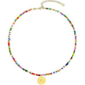 MPRAINBOW Colorful Beaded Initial Necklaces - Handmade Layered Gold Choker Summer Boho Letter Necklace Jewelry for Women Sister Friends,Beach Surfer Necklace Holiday Birthday Gift for Her