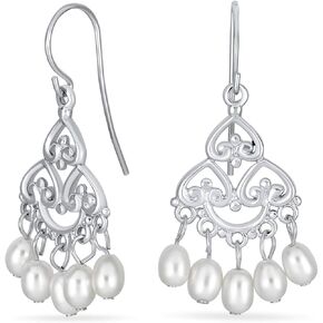 Boho Ethnic Indian Style White Freshwater Culture Pearl & Blue Turquoise Fringe Tassel Filigree Hoop Dangle Chandelier Earrings For Women Teen .925 Sterling Silver