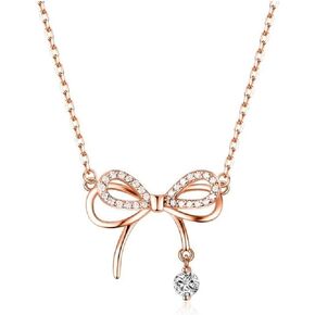 Sterling Silve Three-Dimensional Bowknot Pendant Necklace Simulated Diamond Cubic Zirconia Crystal Bow Jewelry for Women