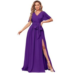 Women's V Neck Flutter Sleeve Bridesmaid Dresses for Wedding Long Chiffon Evening Formal Dress with Pockets