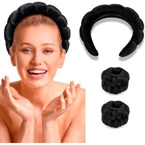 Spa Makeup Headband Set With Terry Cloth Face Wash Bands and Sponge Puffy Skincare Bands for Washing Face and Makeup for Women and Girls (Black)