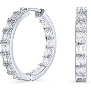Classic Bridal Statement AAA CZ Brilliant Emerald Cut Baguette Cubic Zirconia Eternity Huggie Hoop Earrings For Women Wedding Prom Formal Party 14K Yellow Gold Silver Plated .5 or 1 Inch Dia