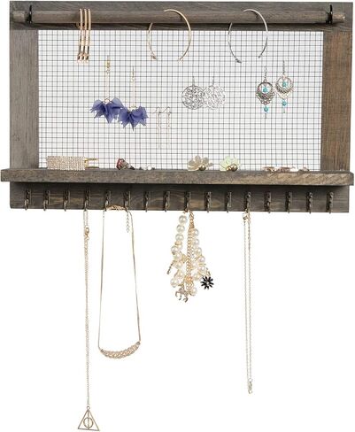 Rustic Wood Jewelry Organizer Wooden Wall Mounted Jewelry Holder with Shelf and 16 Hooks,Display for Earrings, Necklaces, Bracelets (Grey White) in Kuwait