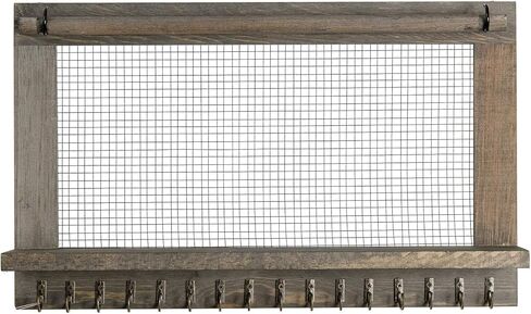 Rustic Wood Jewelry Organizer Wooden Wall Mounted Jewelry Holder with Shelf and 16 Hooks,Display for Earrings, Necklaces, Bracelets (Grey White) in Kuwait