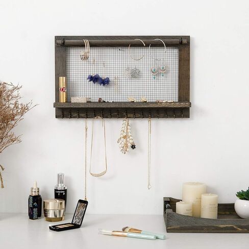 Rustic Wood Jewelry Organizer Wooden Wall Mounted Jewelry Holder with Shelf and 16 Hooks,Display for Earrings, Necklaces, Bracelets (Grey White) in Kuwait