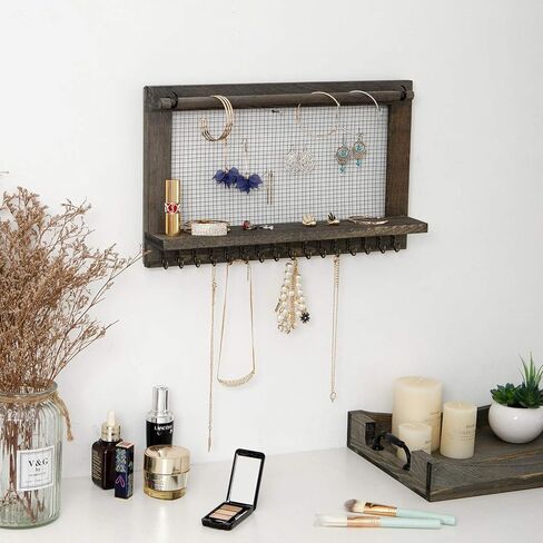Rustic Wood Jewelry Organizer Wooden Wall Mounted Jewelry Holder with Shelf and 16 Hooks,Display for Earrings, Necklaces, Bracelets (Grey White) in Kuwait