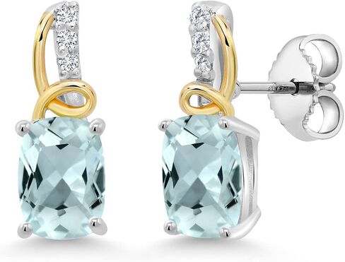 Gem Stone King 925 Sterling Silver and 10K Yellow Gold 7X5MM Cushion Gemstone Birthstone and White Moissanite Stud Earrings For Women in Saudi Arabia
