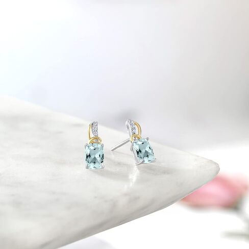 Gem Stone King 925 Sterling Silver and 10K Yellow Gold 7X5MM Cushion Gemstone Birthstone and White Moissanite Stud Earrings For Women in Saudi Arabia