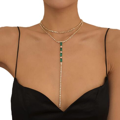 Vcagirest لامعة حجر الراين كريستال المختنق قلادة الأخضر شرابة الماس قلادة مثير كريستال الظهر سلسلة حفلة موسيقية مهرجان بيان مجوهرات للنساء الفتيات (Silver1) in Kuwait
