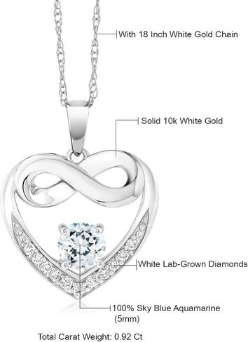 Gem Stone King 10K White Gold 5MM Gemstone Birthstone and White Lab Grown Diamond Infinity Heart Pendant Necklace | Gold Necklace For Women | With 18 Inch Silver Chain in Saudi Arabia