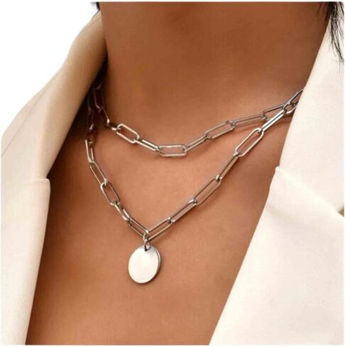 Boho Layered Disc Necklace Gold Paperclip Chain Choker Necklace Vintage Coin Pendant Necklace Punk Chunky Chain Necklace Jewelry for Women and Girls in Saudi Arabia