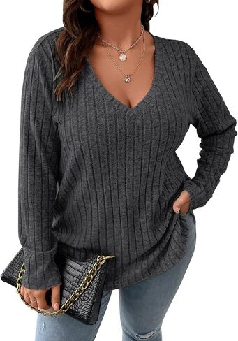 Koscacy Women Plus Size Casual Knit Sweater V Neck Solid Color Tops Lightweight Long Sleeve Blouses in Kuwait
