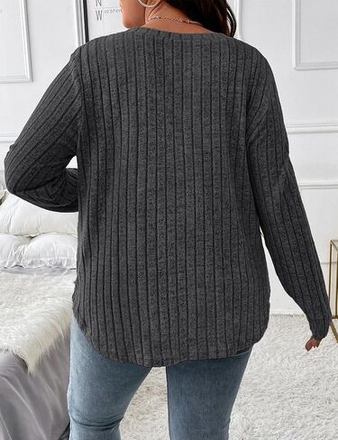 Koscacy Women Plus Size Casual Knit Sweater V Neck Solid Color Tops Lightweight Long Sleeve Blouses in Kuwait