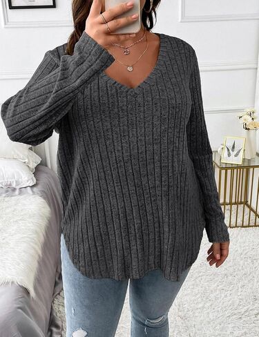 Koscacy Women Plus Size Casual Knit Sweater V Neck Solid Color Tops Lightweight Long Sleeve Blouses in Kuwait