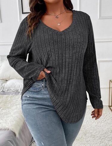 Koscacy Women Plus Size Casual Knit Sweater V Neck Solid Color Tops Lightweight Long Sleeve Blouses in Kuwait