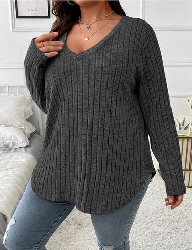 Koscacy Women Plus Size Casual Knit Sweater V Neck Solid Color Tops Lightweight Long Sleeve Blouses in Kuwait