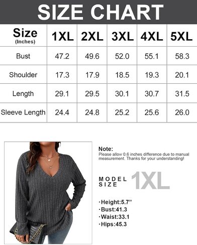 Koscacy Women Plus Size Casual Knit Sweater V Neck Solid Color Tops Lightweight Long Sleeve Blouses in Kuwait