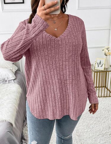 Koscacy Women Plus Size Casual Knit Sweater V Neck Solid Color Tops Lightweight Long Sleeve Blouses in Kuwait