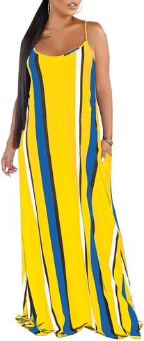Womens Plus-Size Summer Bohemian Beach Sundress Spaghetti Strap Loose Long Maxi Dresses with Pockets in Saudi Arabia
