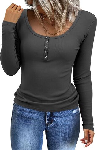 Amoretu Women's Long Sleeve Tops Button Down Slim Fit Henley Shirts Crew Neck Ribbed Knit Tshirts in Kuwait