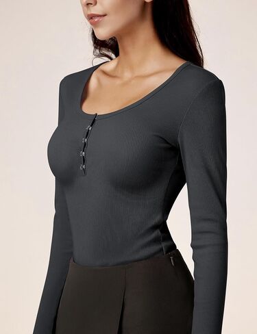 Amoretu Women's Long Sleeve Tops Button Down Slim Fit Henley Shirts Crew Neck Ribbed Knit Tshirts in Kuwait