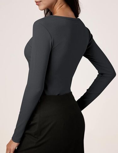 Amoretu Women's Long Sleeve Tops Button Down Slim Fit Henley Shirts Crew Neck Ribbed Knit Tshirts in Kuwait